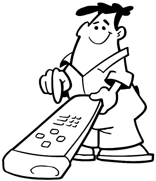 Huge remote control held by man in robe vinyl sticker. Customize on line. Radio Television Video 078-0170